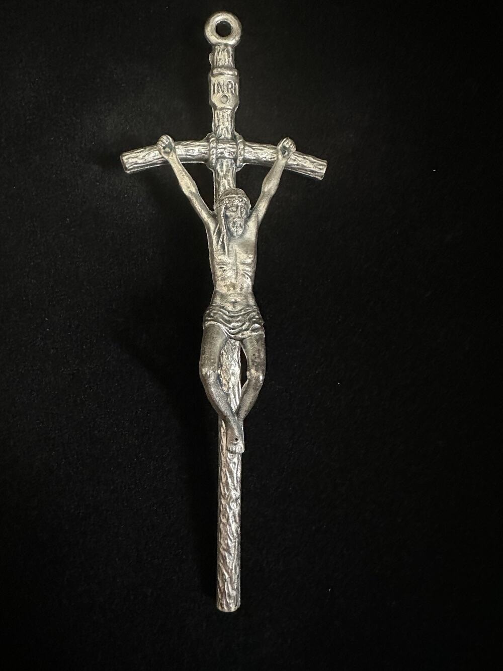 Vintage INRI Crucifix Jesus Cross 5” Silver Tone Pewter Catholic Wall Hanging